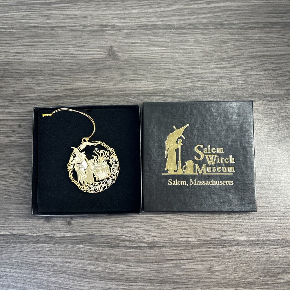 Salem Witch Museum Gold Metal Ornament Witch Cauldron Salem MA w/ Box Vintage